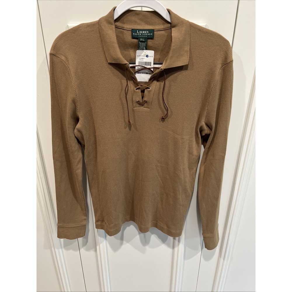 Vintage 90s Y2K Lauren Ralph Lauren Ribbed Polo Shirt Lace Up Camel Tan Heritage